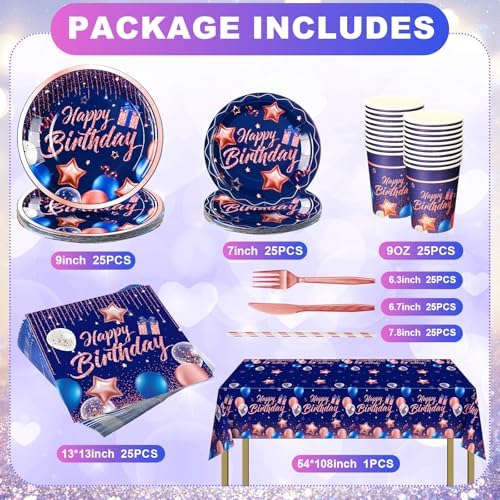 Norme 176 Pcs Navy Blue Rose Gold Birthday Tableware Set