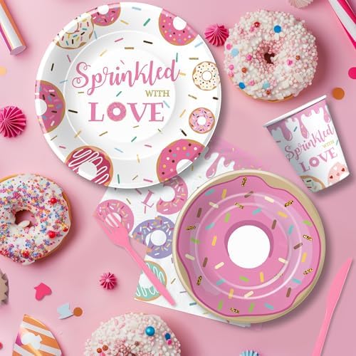 Pink Donut Sprinkle Baby Shower Tableware Set for 24 Guests