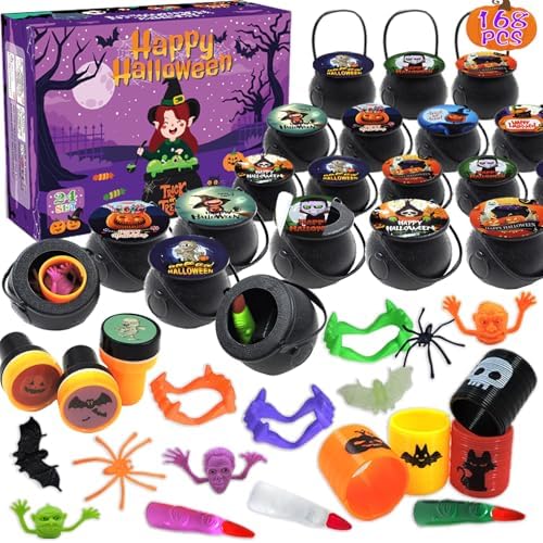 168 PCS Halloween Party Favors 24 Pack Prefilled Witch Cauldron Toys