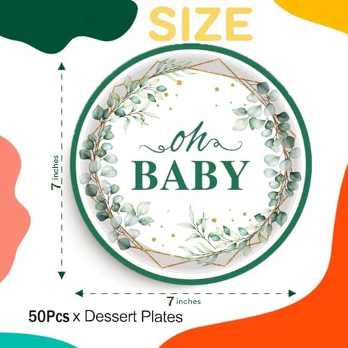 50Pcs Oh Baby Paper Plates Sage Green Party Supplies