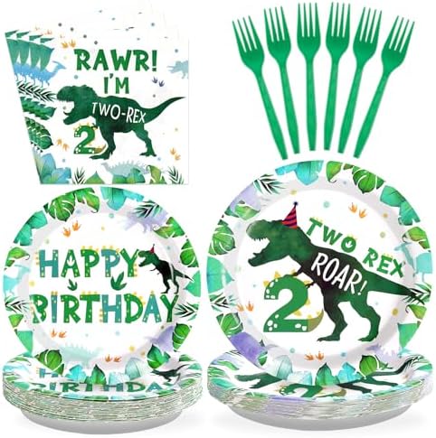 Grencian 96PCS Dinosaur 2nd Birthday Tableware Set for 24 Guests