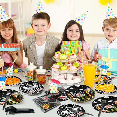 Black Spider Party Plates Napkins Forks 96PCS Set