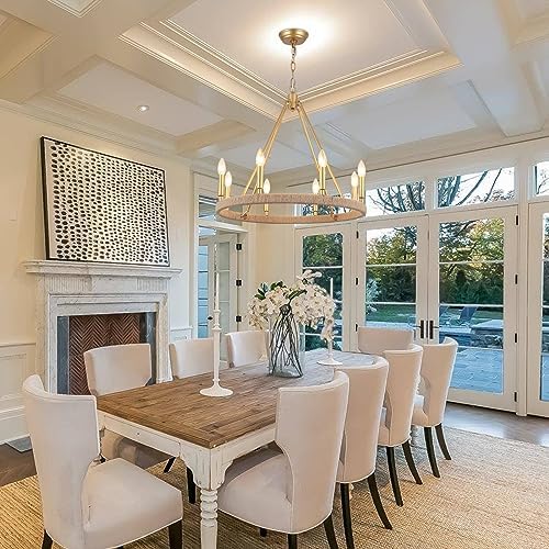 Gold Farmhouse Chandelier 8 Light Modern Metal Round Pendant Light