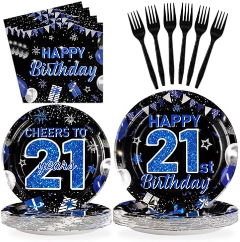 96Pcs Blue Black 21st Birthday Plates Napkins Set for 24 Guests