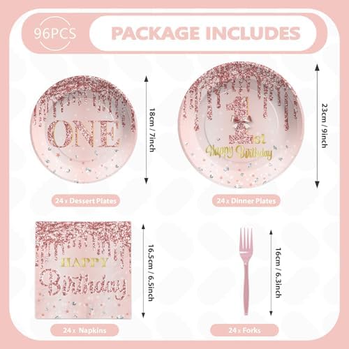 Grencian 96 Pcs 1st Birthday Plates Rose Gold Set for Girl