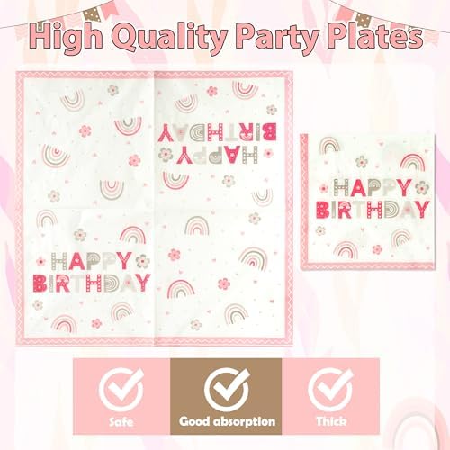 96Pcs Pink Boho Rainbow Party Plates Set for 24 Guests