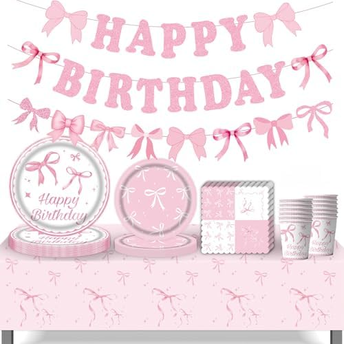 Pink Bow Party Plates Set for 24 Guests