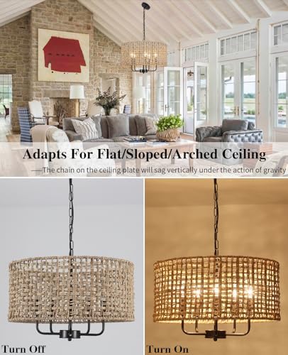 LASENCHOO 5 Light Rattan Drum Chandelier with Height Adjustment