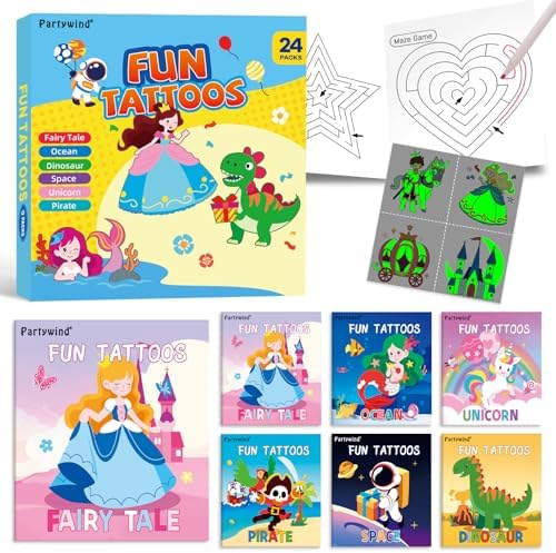 PARTYWIND 576PCS Glow Temporary Tattoos Kids Party Favors with Maze Games