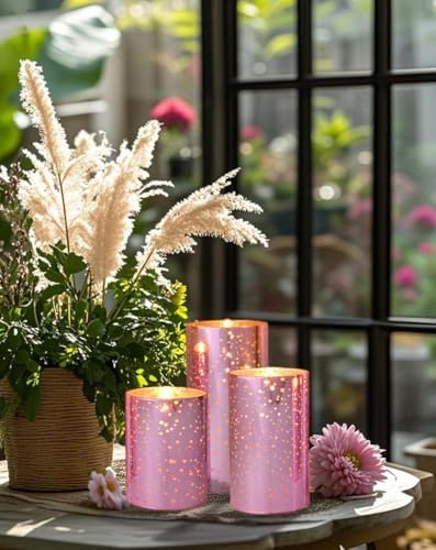 Pink Mercury Glass Flameless LED Candles with Remote and Timer Batteries Included