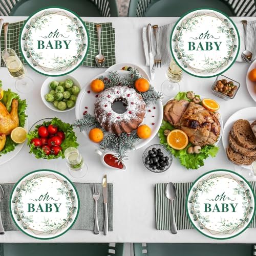 50Pcs Oh Baby Paper Plates Sage Green Party Supplies
