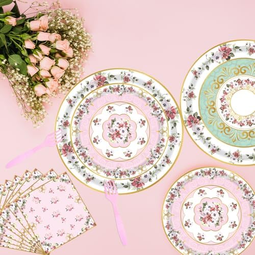 96pcs Floral Party Plates Napkins Forks Set for 24 Guests