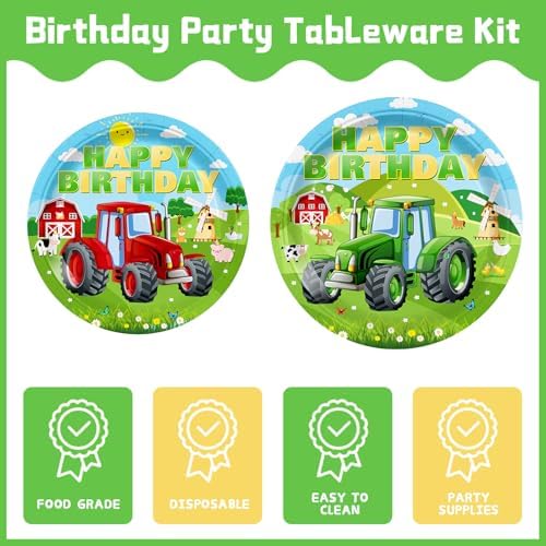 24 Serve Tractor Plates Cups Forks Party Set