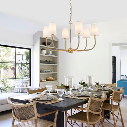 34 Inch Boho Chandelier with Creamy White Fabric and Natural Rattan Arms