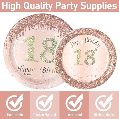 96 Pcs Rose Gold 18th Birthday Tableware Set