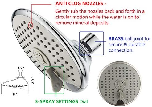 Ana Bath 6-Inch 3-Function Handheld Showerhead Combo with 8 Foot Stainless Steel Hose