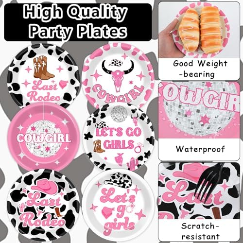 48Pcs Western Cowgirl Party Plates with Disco Designs
