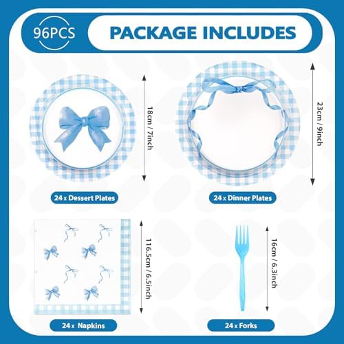 96Pcs Blue Bow Plates Napkins Forks Set for Birthday Party