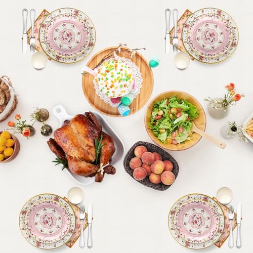 96 Pcs Floral Pink Green Party Plates Set for 24 Guests
