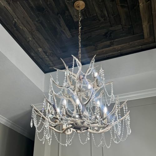 Large Faux Antler Chandelier with 12 Crystal Lights