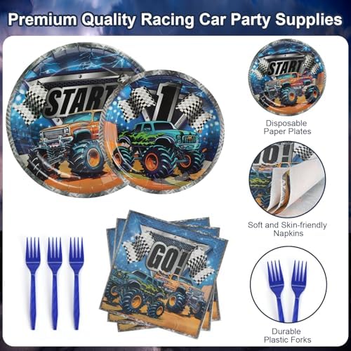 96 Pcs Monster Truck Dark Blue Party Plates Set