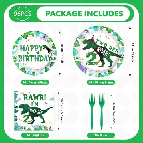 Grencian 96PCS Dinosaur 2nd Birthday Tableware Set for 24 Guests