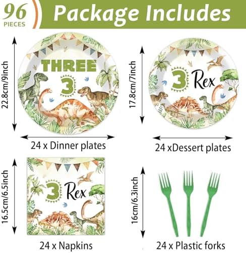 Dinosaur 3rd Birthday Party Tableware Set 96PCS