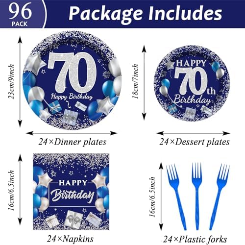 96 Pcs 70th Birthday Plates Decor for 24 Guests
