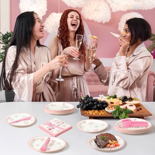 96Pcs Pink Boho Rainbow Party Plates Set for 24 Guests