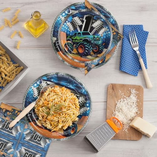 96 Pcs Monster Truck Dark Blue Party Plates Set