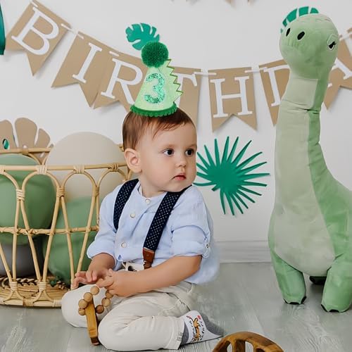 Green Glitter Dinosaur Birthday Cone Hat for Kids