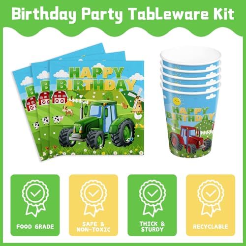 24 Serve Tractor Plates Cups Forks Party Set