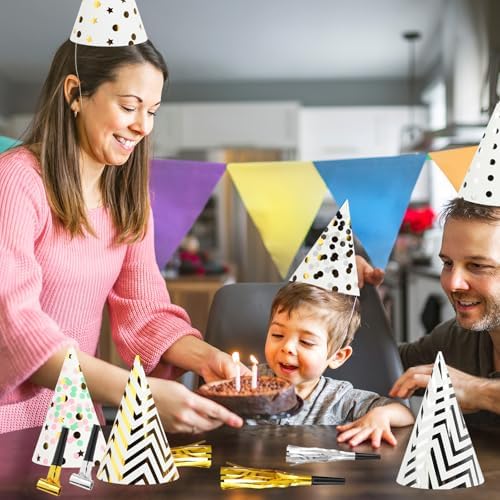 60 Piece Birthday Party Cone Hats Set with Blowers