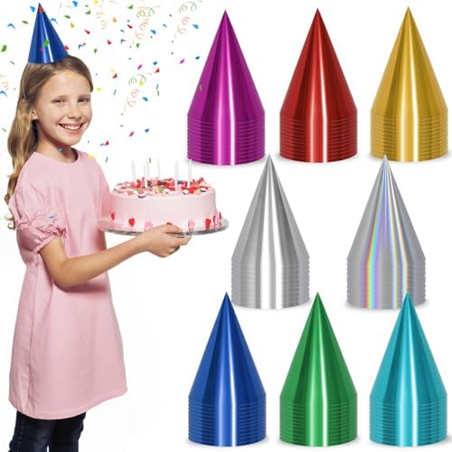 HEYTIMI 40 or 80 Pcs Metallic Cone Party Hats with Elastic String
