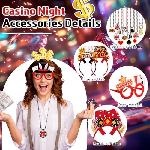 36 Pcs Casino Night Party Favors with Felt Headbands and Beaded Necklaces