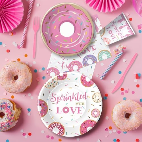 Pink Donut Sprinkle Baby Shower Tableware Set for 24 Guests