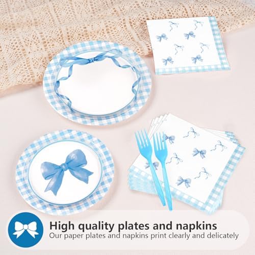 96Pcs Blue Bow Plates Napkins Forks Set for Birthday Party