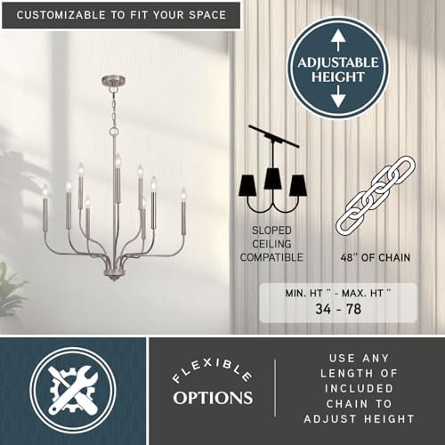 VAXCEL Harris 9 Light Candle Chandelier Satin Nickel
