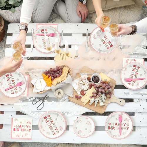 96Pcs Pink Boho Rainbow Party Plates Set for 24 Guests