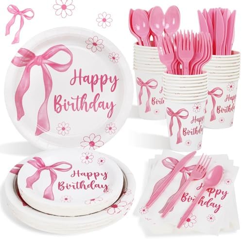 Pink Bow Birthday Plates Set for 25 Guests