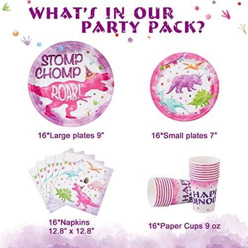 WERNNSAI Pink Dinosaur Party Plates 64 PCS Decorations