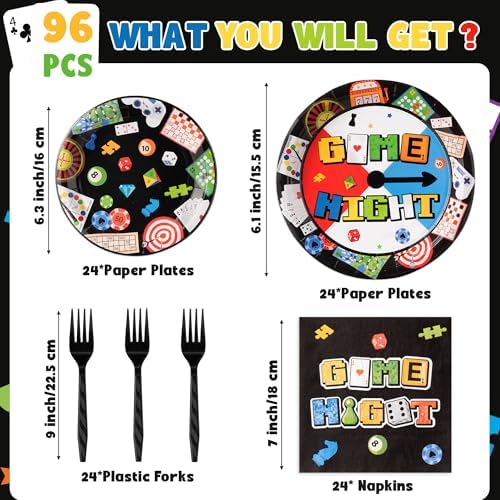96Pcs Game Night Party Plates for 24 Guests
