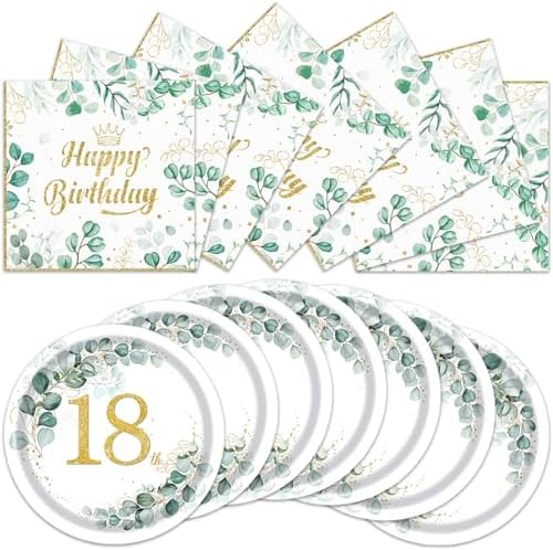 40Pcs Sage Greenery Birthday Plates Napkins Set for 18th Party