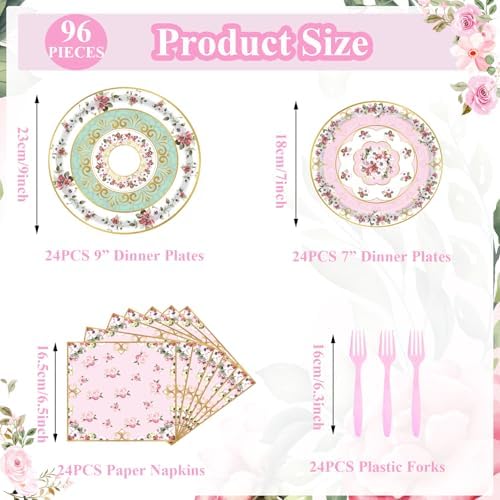 96pcs Floral Party Plates Napkins Forks Set for 24 Guests