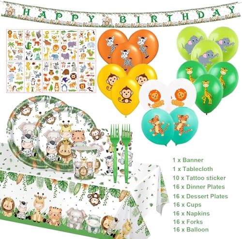Safari Animal Birthday Party Supplies Set 108Pcs Serve 16