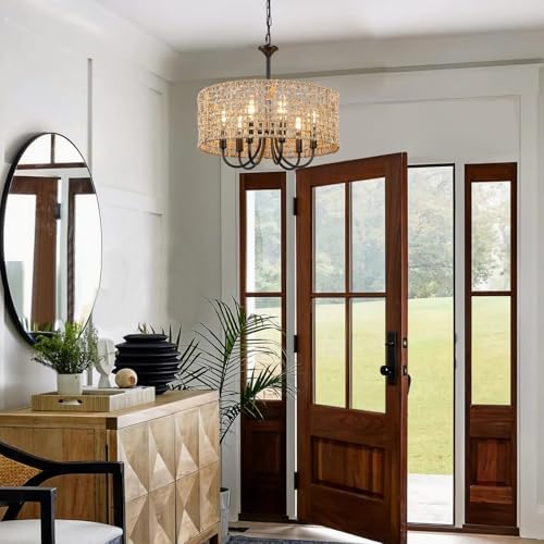 LynPon 177 Inch Black Rattan Chandelier with 6 Lights