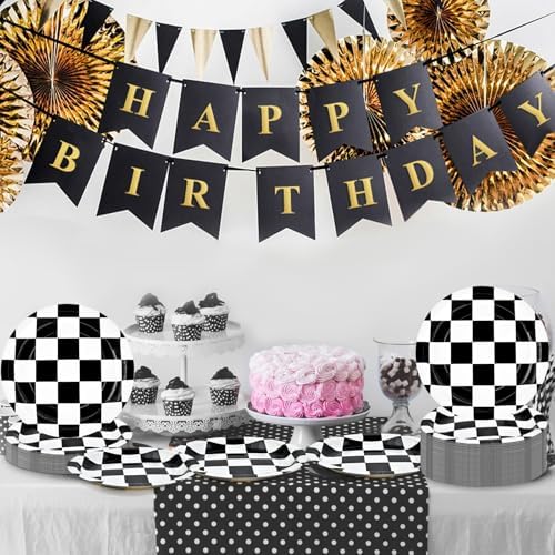 100 Pack Race Car Paper Plates 9 Inch Checkered Flag