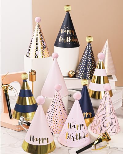 56 Pcs Pink and Gold Birthday Party Hats Set