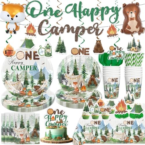 Camper Birthday Decorations for Boy 1st with Tableware Set