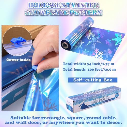 100 Ft Iridescent Snowflake Tablecloth Roll with Cutter Box